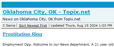 [From topix.net: Headline reads: Prostitution Ring. Article begins: Employment Opportunity.